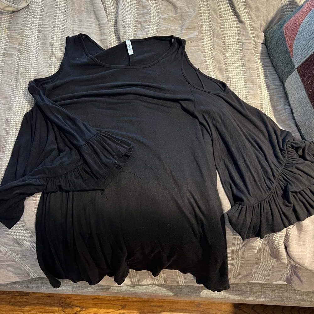 Black, cold shoulder dress- full ruffled sleeve (3/4) and uneven hem bottom